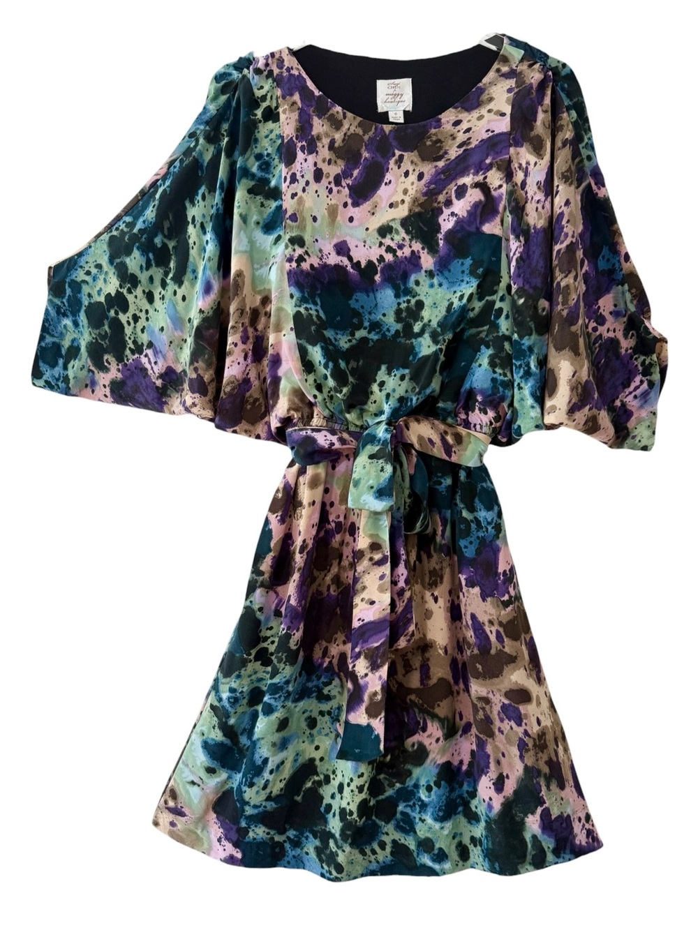 100% Silk Artistic Abstract Suzi Chin for Maggy Boutique Belted Dress Size 6